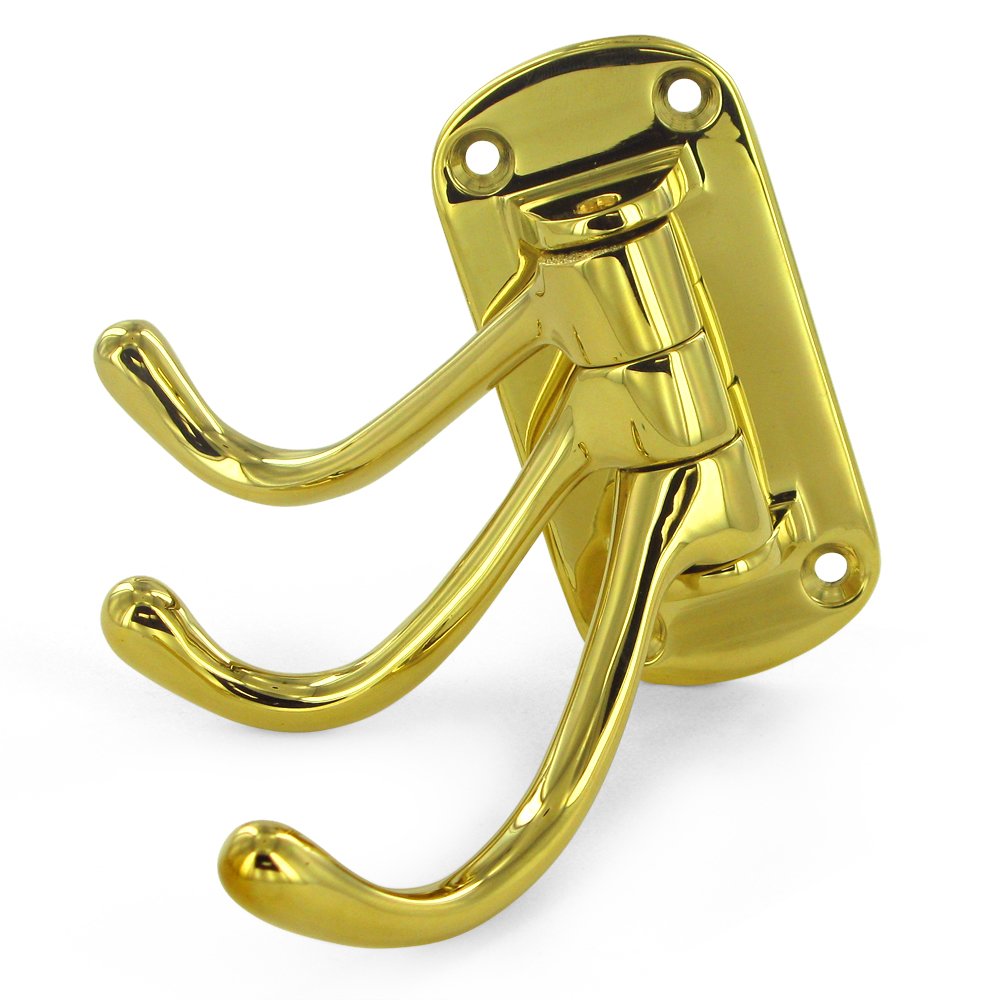 Solid Brass 4" Projection Heavy Duty Triple Swivel Hook in PVD Brass