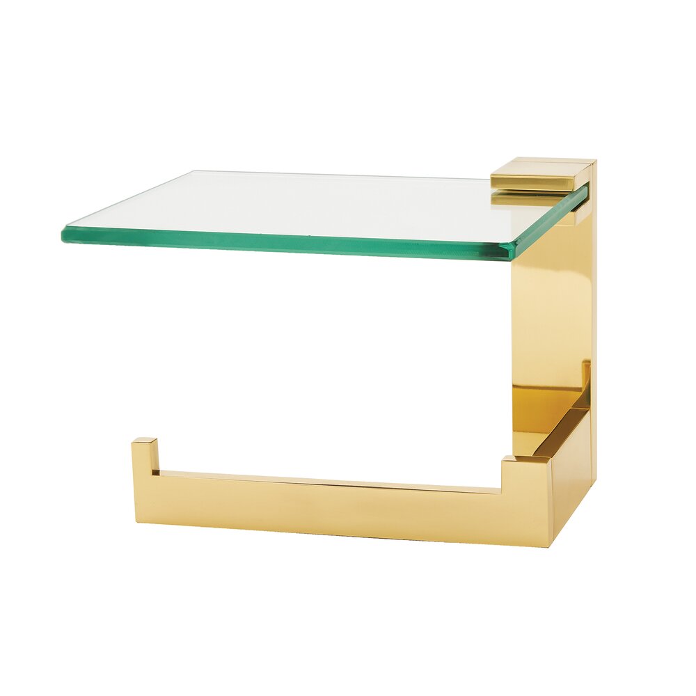 Left Hand Single Post Tissue Holder W/ Glass Shelf In Unlacquered Brass