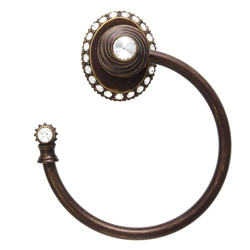 Large Towel Ring with 42 Rivoli Side Swarovski Crystals Left Large Backplate in Antique Brass with Crystal