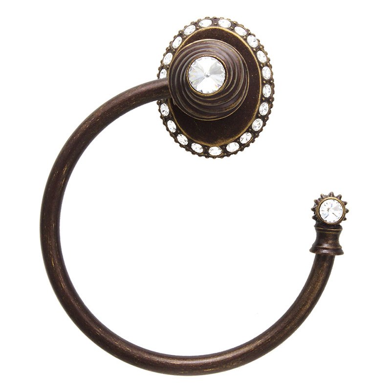 Large Towel Ring with 42 Rivoli Side Swarovski Crystals Right Large Backplate in Antique Brass with Crystal