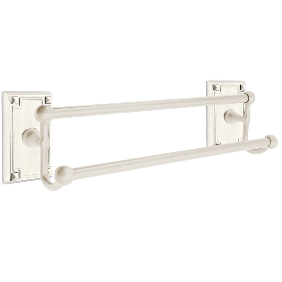 18" Double Towel Bar with Arts & Crafts Rectangular Rose in Satin Nickel