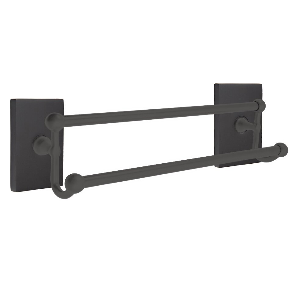 18" Double Towel Bar with Modern Rectangular Rose in Flat Black