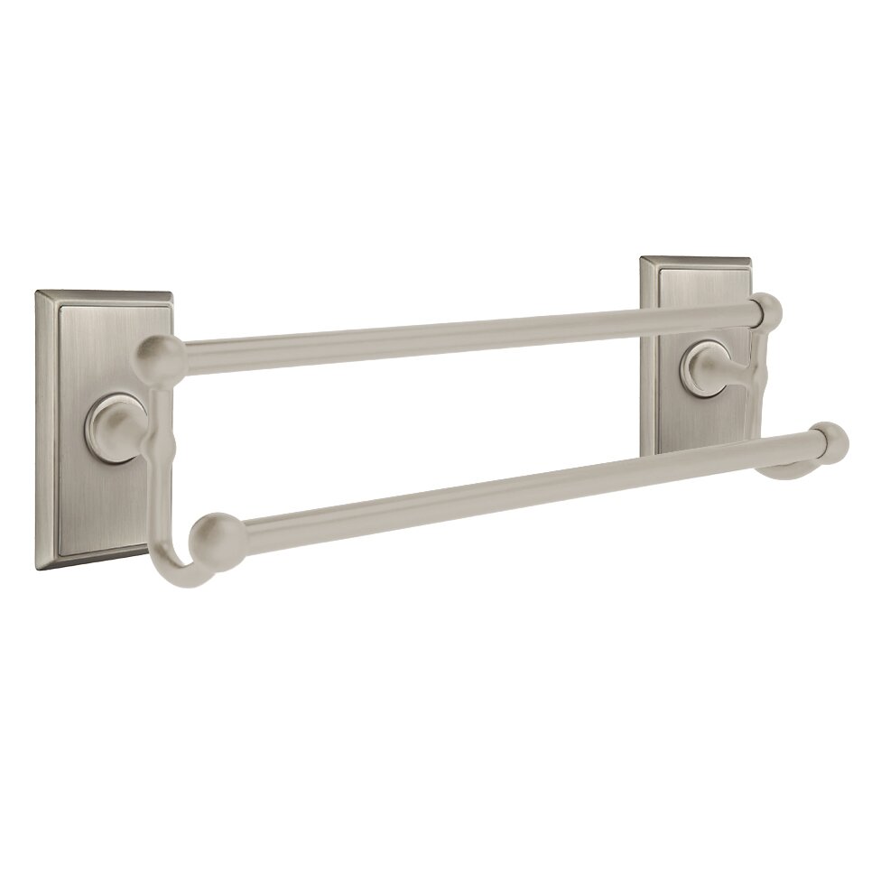 18" Double Towel Bar with Rectangular Rose in Pewter