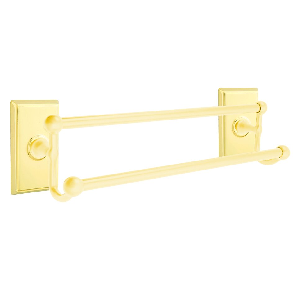 18" Double Towel Bar with Rectangular Rose in Unlacquered Brass