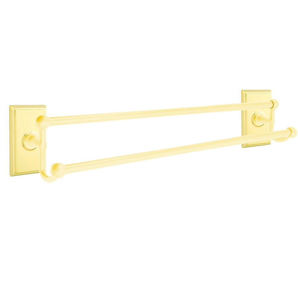 24" Double Towel Bar with Rectangular Rose in Unlacquered Brass