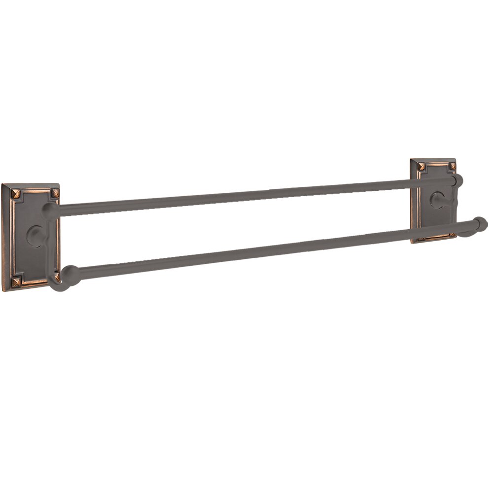 30" Double Towel Bar with Arts & Crafts Rectangular Rose in Oil Rubbed Bronze