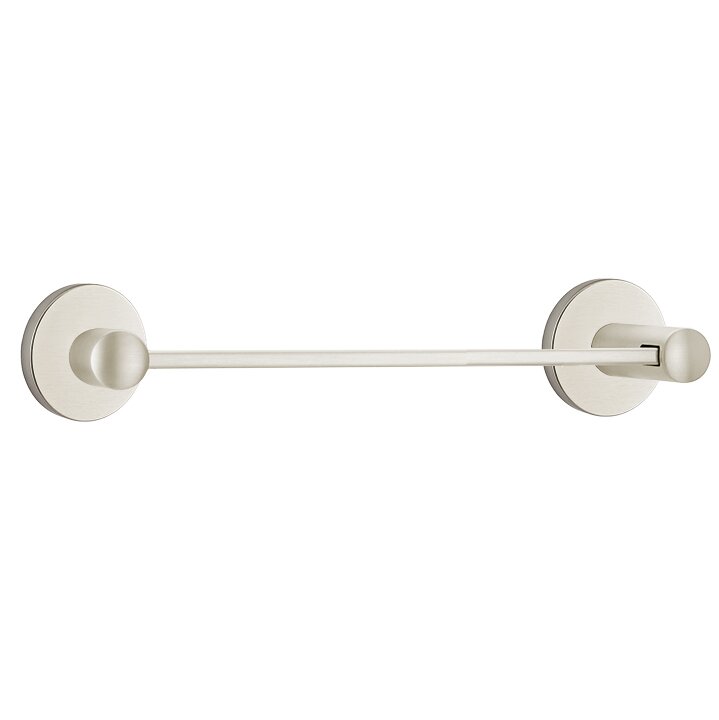 12" Centers Brass Modern Towel Bar with Small Disc Rosette in Satin Nickel