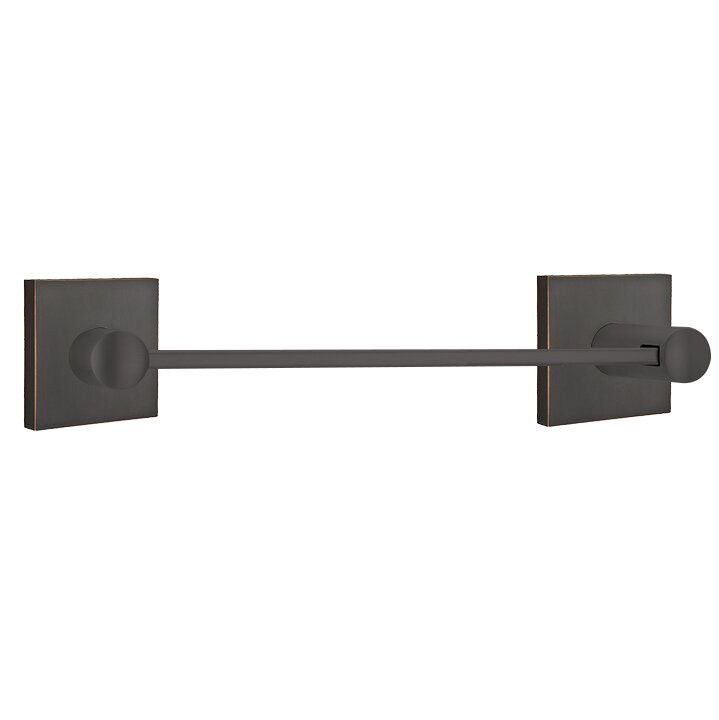 12" Centers Brass Modern Towel Bar with Square Disk Rosette in Oil Rubbed Bronze