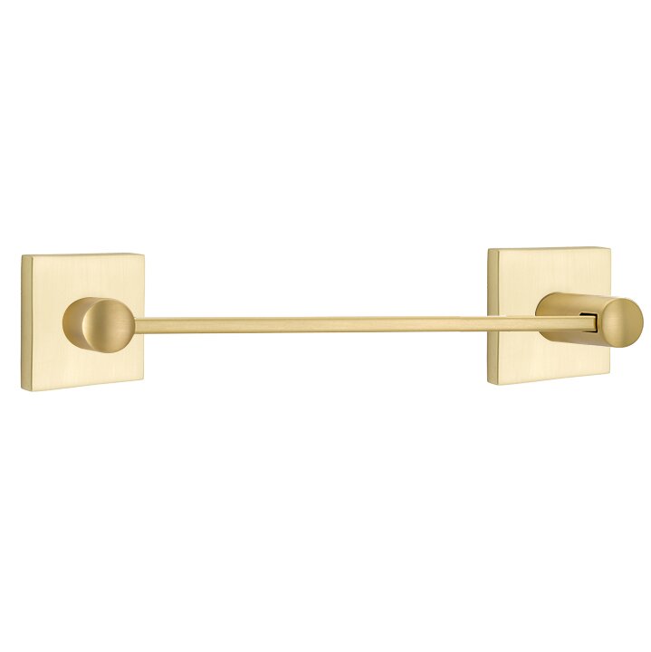 12" Centers Brass Modern Towel Bar with Square Disk Rosette in Satin Brass