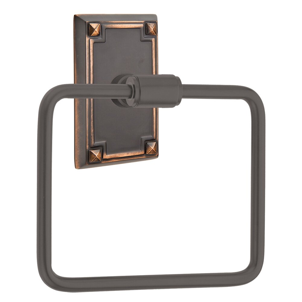 Transitional Brass Towel Ring with Arts & Crafts Rectangular Rosette in Oil Rubbed Bronze