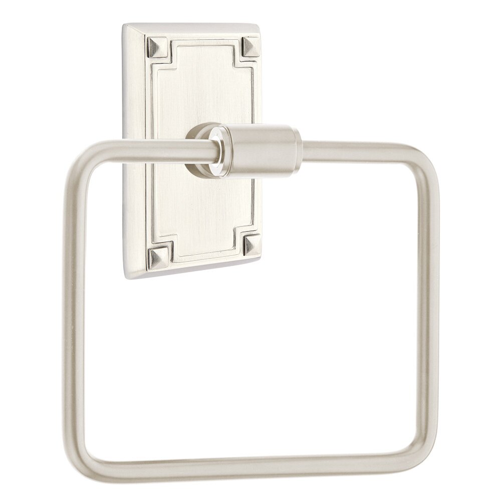 Transitional Brass Towel Ring with Arts & Crafts Rectangular Rosette in Satin Nickel