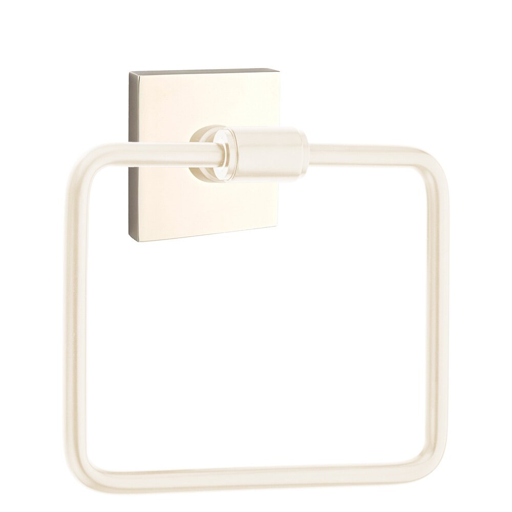 Transitional Brass Towel Ring with Square Rosette in Lifetime Polished Nickel