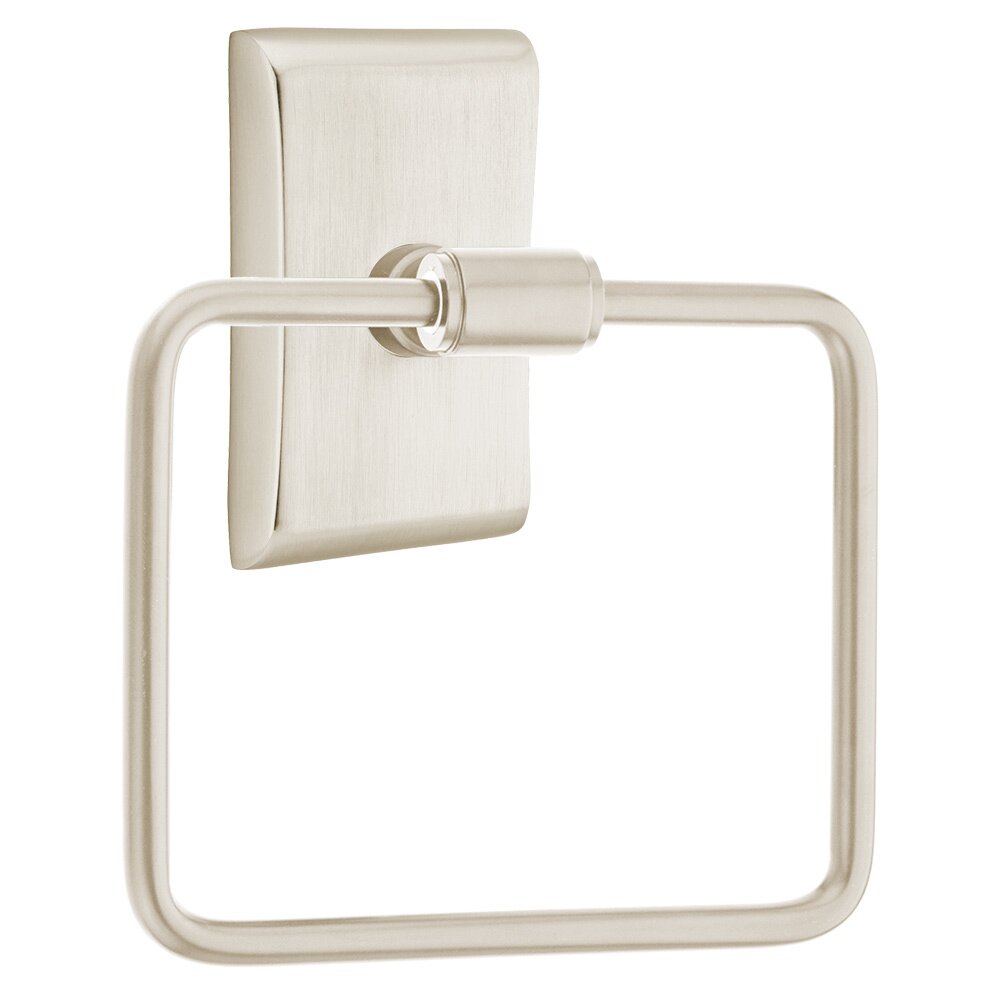 Transitional Brass Towel Ring with Neos Rosette in Satin Nickel