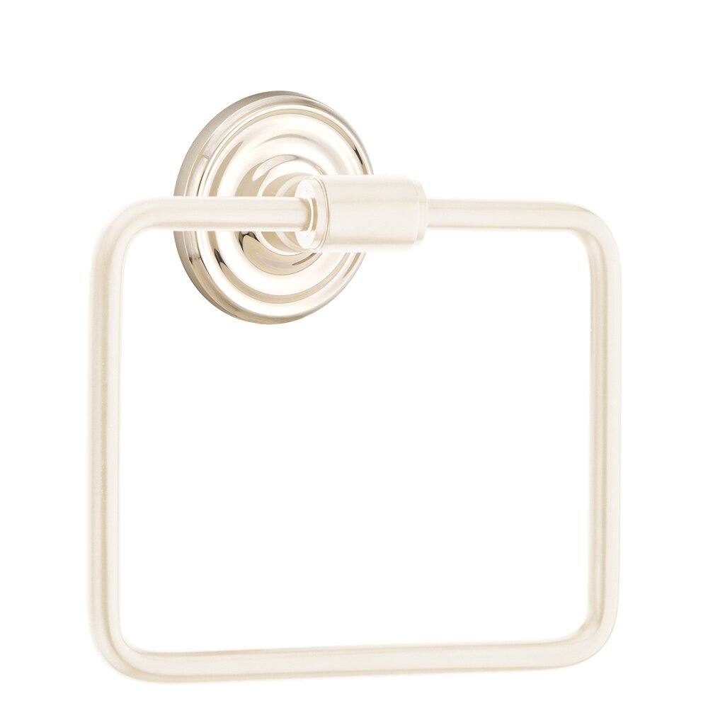 Transitional Brass Towel Ring with Small Regular Rosette in Lifetime Polished Nickel