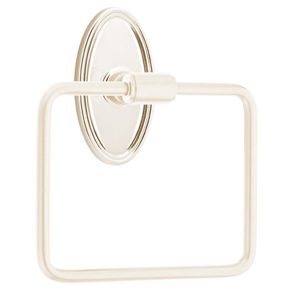 Transitional Brass Towel Ring with Oval Rosette in Lifetime Polished Nickel