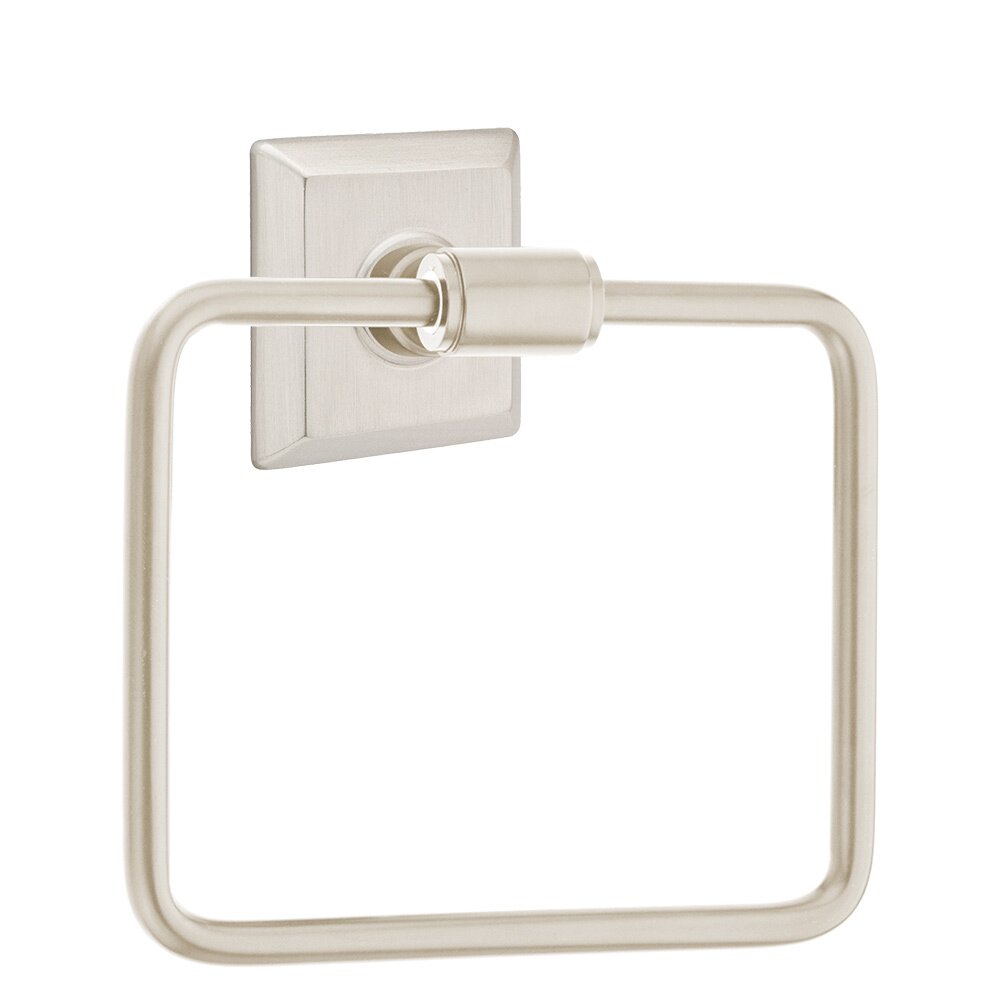 Transitional Brass Towel Ring with Quincy Rosette in Satin Nickel