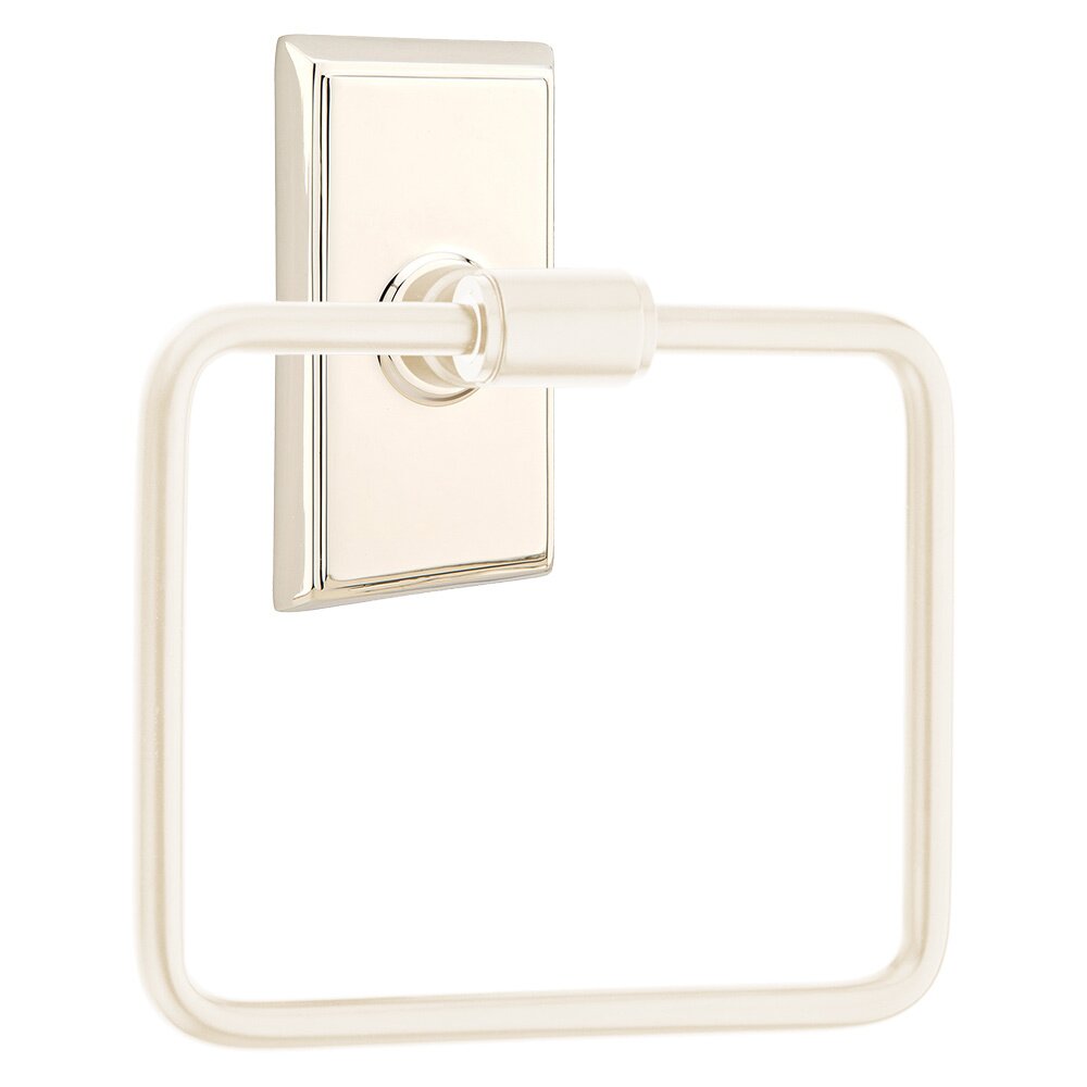 Transitional Brass Towel Ring with Rectangular Rosette in Lifetime Polished Nickel