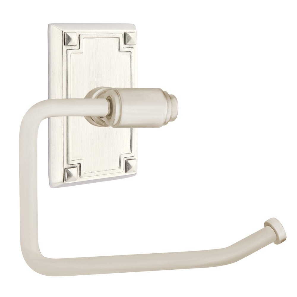Transitional Brass Toilet Paper Holder with Arts & Crafts Rectangular Rosette in Satin Nickel