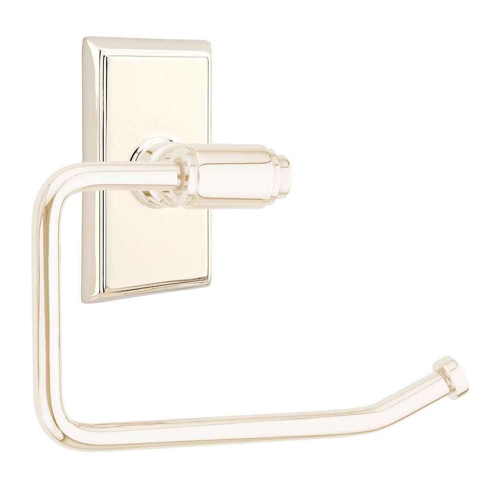 Transitional Brass Toilet Paper Holder with Rectangular Rosette in Lifetime Polished Nickel