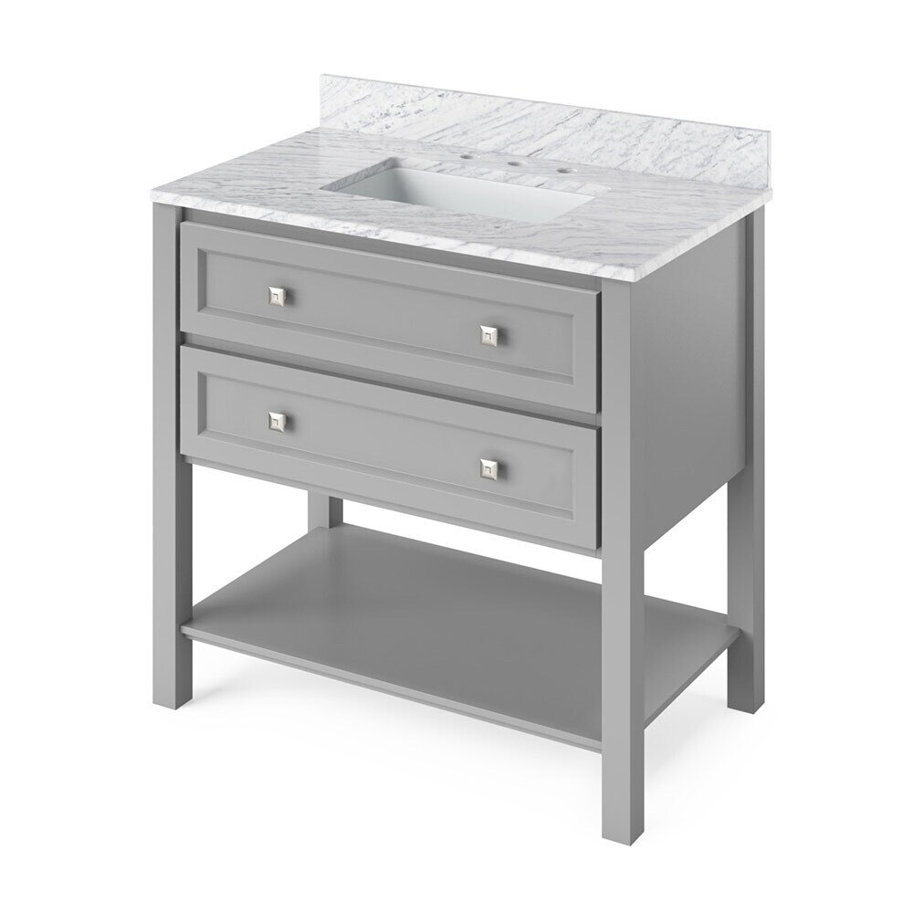 36" Grey Adler Vanity, White Carrara Marble Vanity Top, undermount rectangle bowl