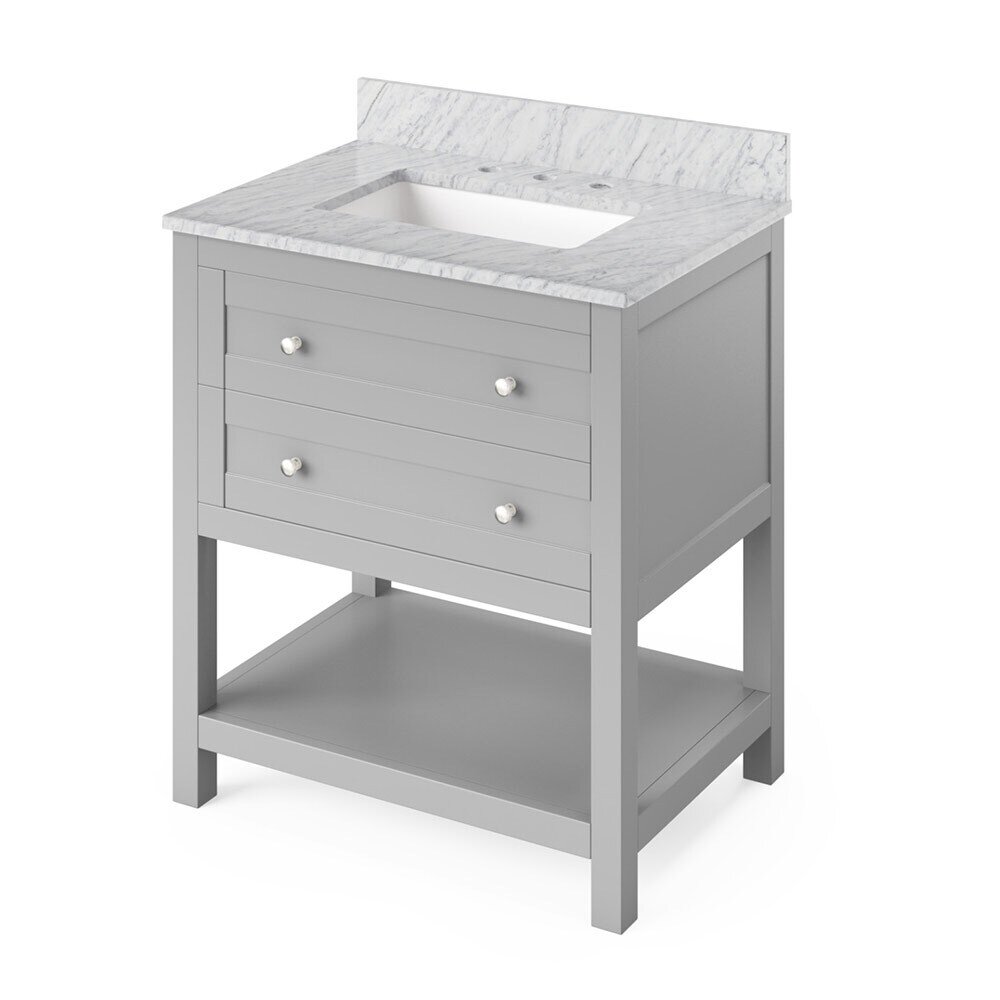 30" Grey Astoria Vanity, White Carrara Marble Vanity Top, undermount rectangle bowl