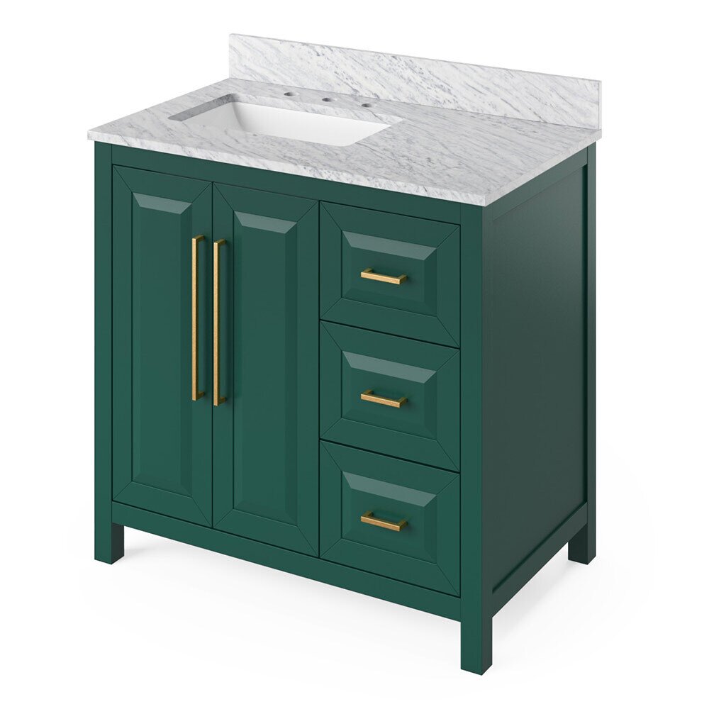 36" Forest Green Cade Vanity, left offset, White Carrara Marble Vanity Top, undermount rectangle bowl