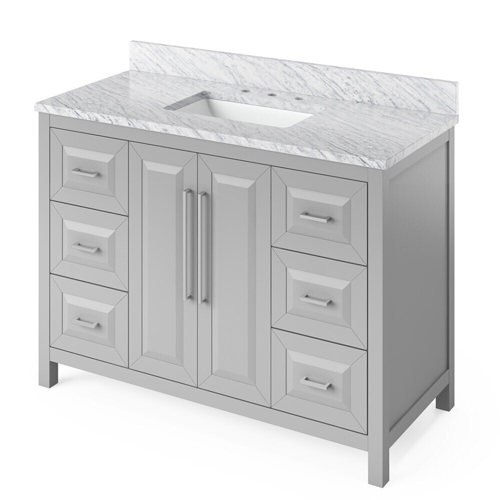 48" Grey Cade Vanity, White Carrara Marble Vanity Top, undermount rectangle bowl