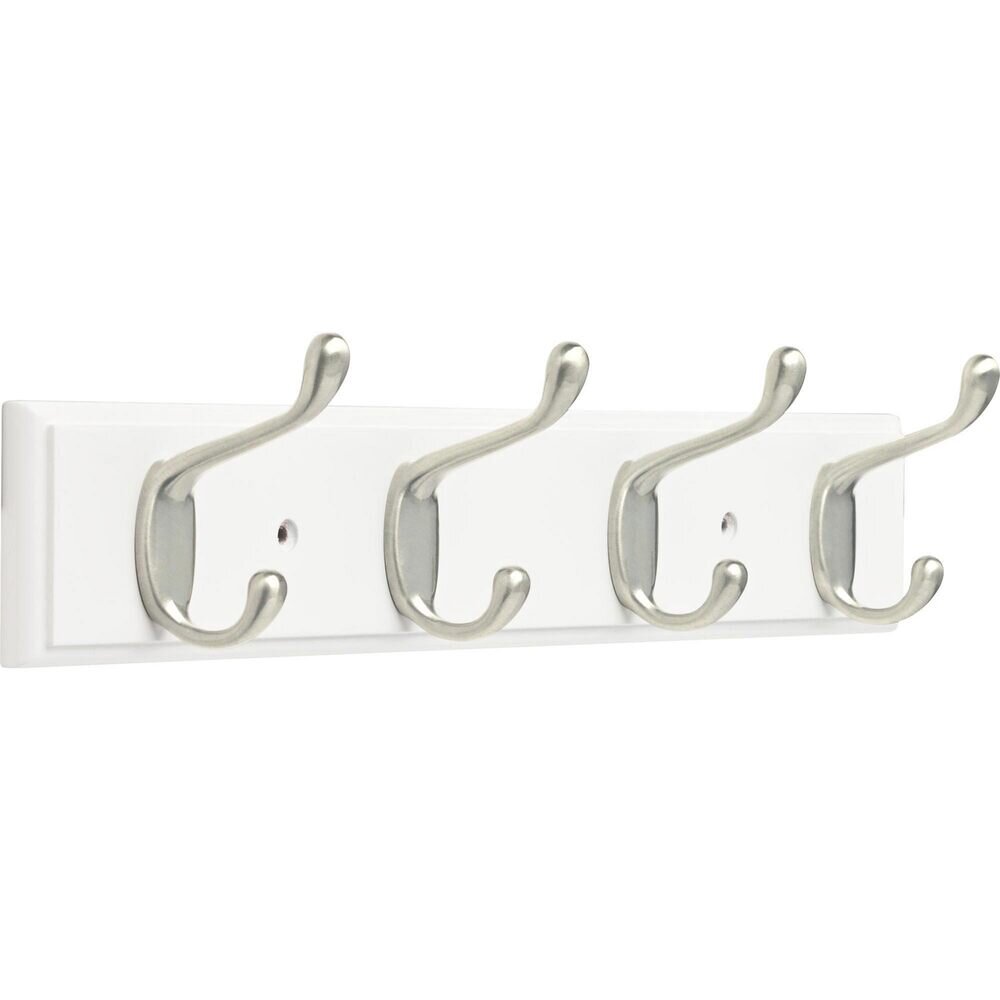 15.85" Rail with 4 Heavy Duty Coat and Hat Hooks in Pure White & Satin Nickel
