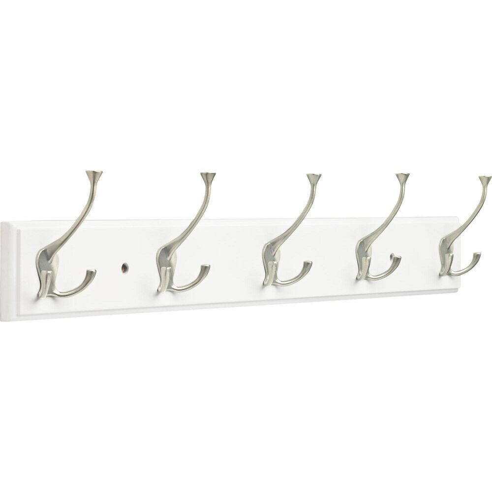 26.51" Rail with 5 Light Duty Flared Tri-Hooks in Pure White & Satin Nickel