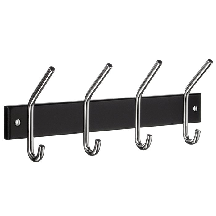 Profile Quadruple Coat and Hat Hook in Black Wood and Chrome Stainless Steel