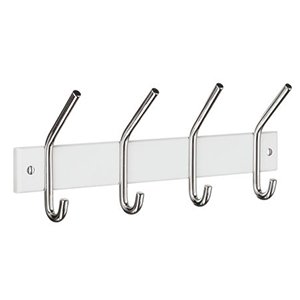 Profile Quadruple Coat and Hat Hook in White Wood and Chrome Stainless Steel