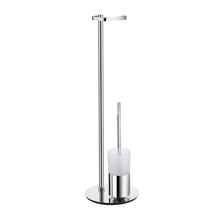 Outline Freestanding Toilet Roll Holder/Toilet Brush With Frosted Glass Container in Polished Chrome With Frosted Glass