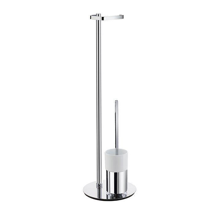 Outline Toilet Roll Holder (Freestanding)/Toilet Brush With Porcelain Glass Container in Polished Chrome With White Porcelain
