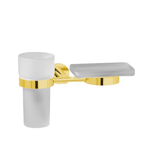 Frosted Tumbler and Soap Dish Holder in Unlacquered Brass