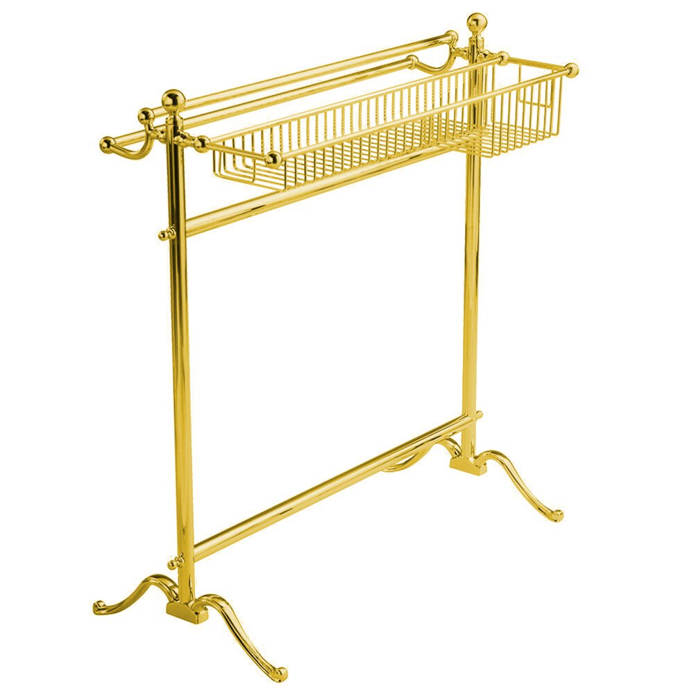 Traditional Freestanding Floor Towel Holder with Basket in Unlacquered Brass