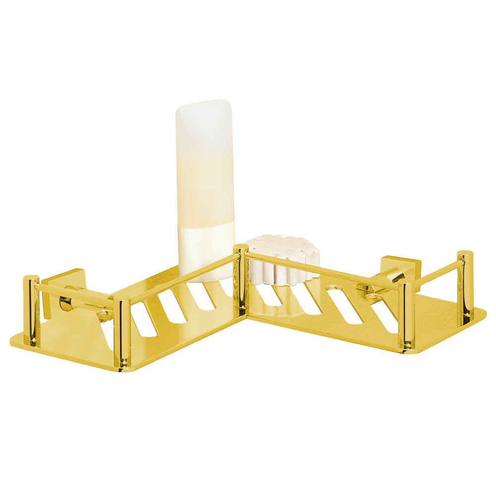 L-Shaped Shower Shelf with Square Backplates in Unlacquered Brass
