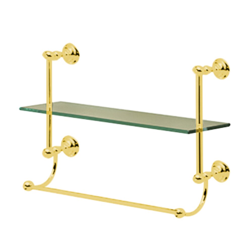 Single Glass Shelf with Towel Bar in Unlacquered Brass