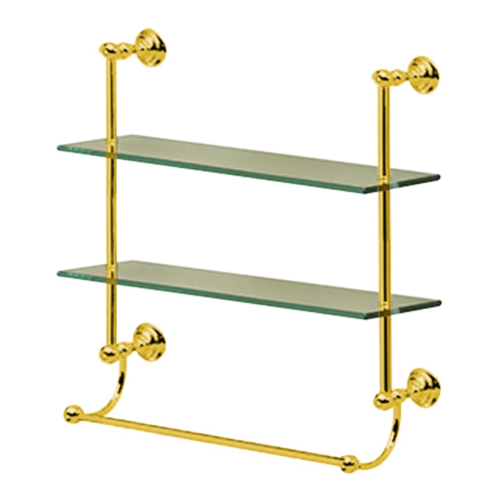 Two Tier Glass Shelf with Towel Bar in Unlacquered Brass
